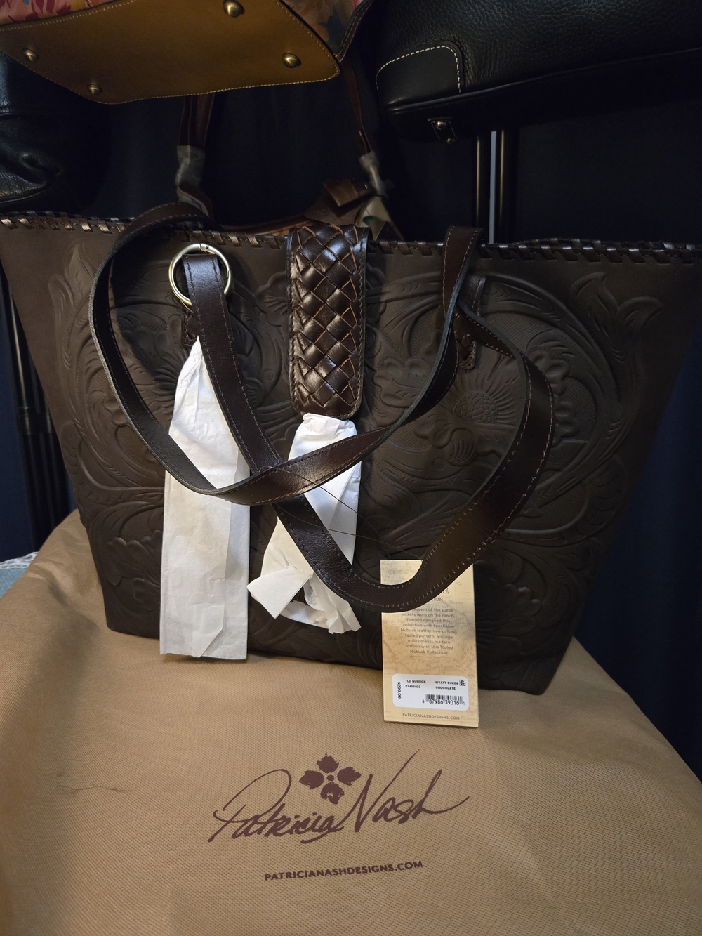 Patricia Nash Lge Rich Brown Floral Embossed Tote with Braided Accent. Rare. NWT - Picture 3 of 17